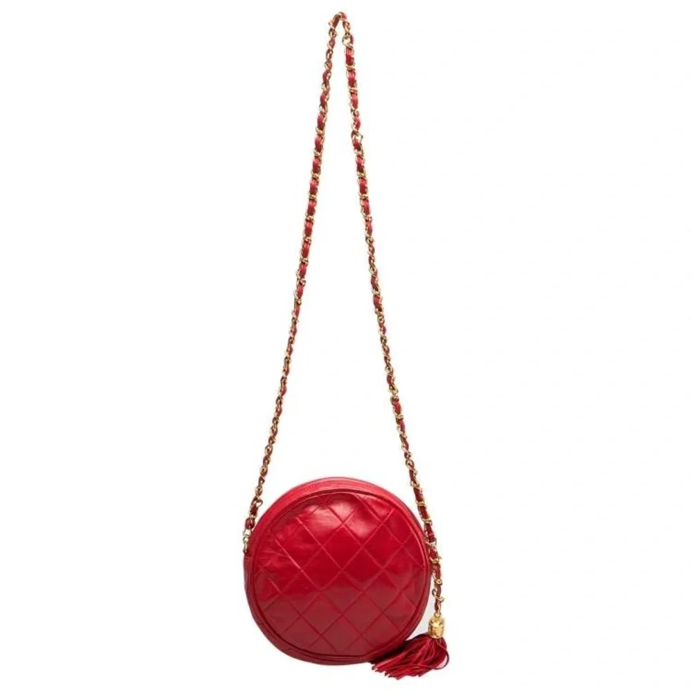 Authentic CHANEL RED LAMBSKIN tassel round mini vintage bag